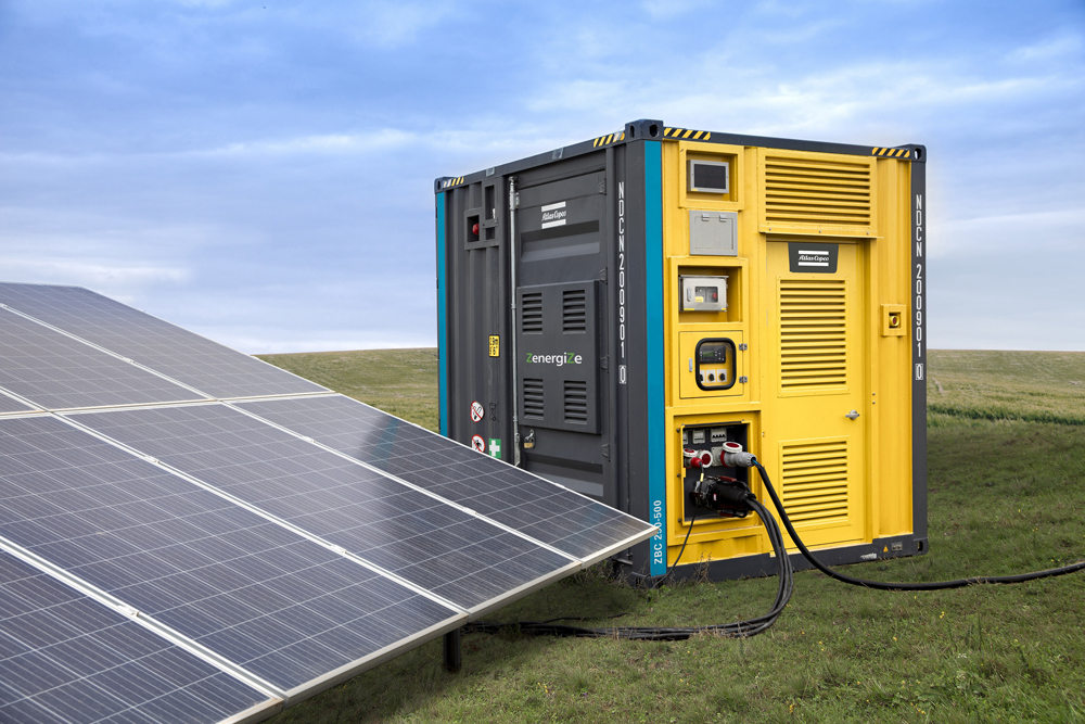Battery energy storage solutions like Atlas Copco’s ZenergiZe can store energy from renewable sources, such as solar panels, for use when grid power is unavailable