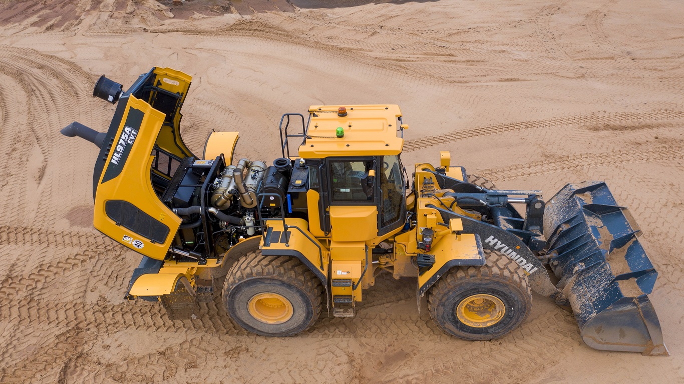 The Hyundai HL975A wheeled loader features CVT (continuously variable transmission)
