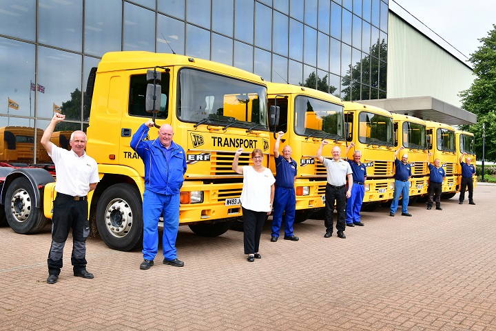 Left to right with the ERF trucks are JCB personnel Phil Pepper, John Morton, Carole Ball, Mark Chatfield, Dustine Poole, Ray Tilley, Andrew Corbett, David Pountain and Darren Carter.