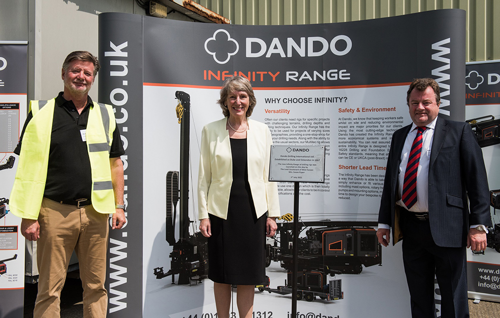 Dando Drilling International has unveiled its Infinity drilling rig range. Pictured from left to right are Mark Jones, Dando MD; Lord-Lieutenant Susan Pyper; and Mark Slater, Dando chairman