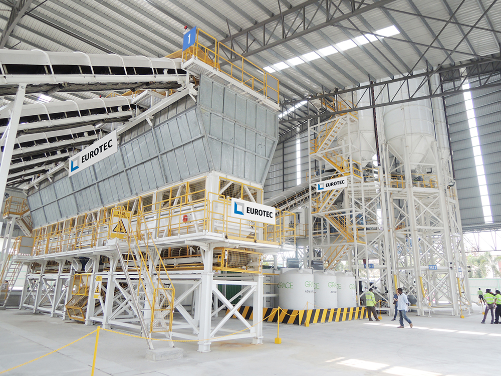 The Eurotec MZP200 ready-mix concrete batching plant installed within an enclosed warehouse in Kuala Lumpar