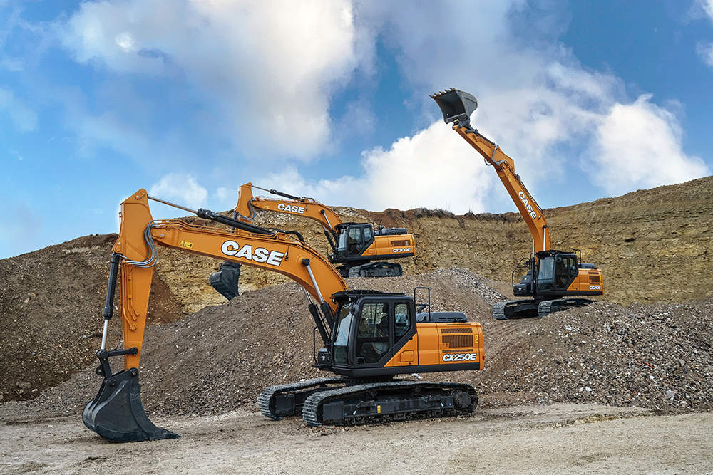 Three models from CASE’s new seven-strong E-Series range of crawler excavators. Pictured are the CX210E, CX250E and CX300E