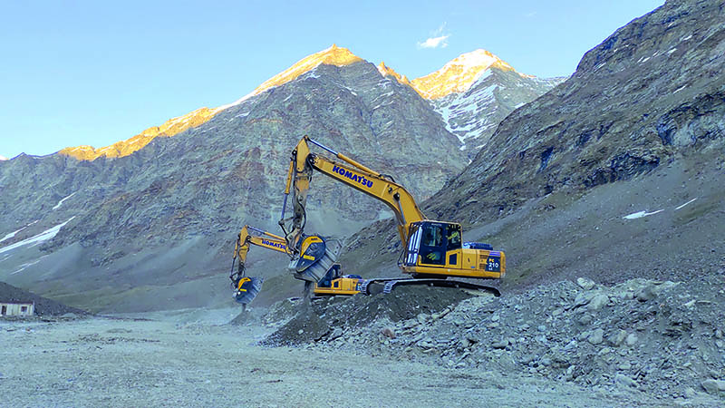 An MB Crusher customer is using a BF90.3 S4 crusher bucket to help build 100kms of new roads and helipads for India’s Border Roads Organisation