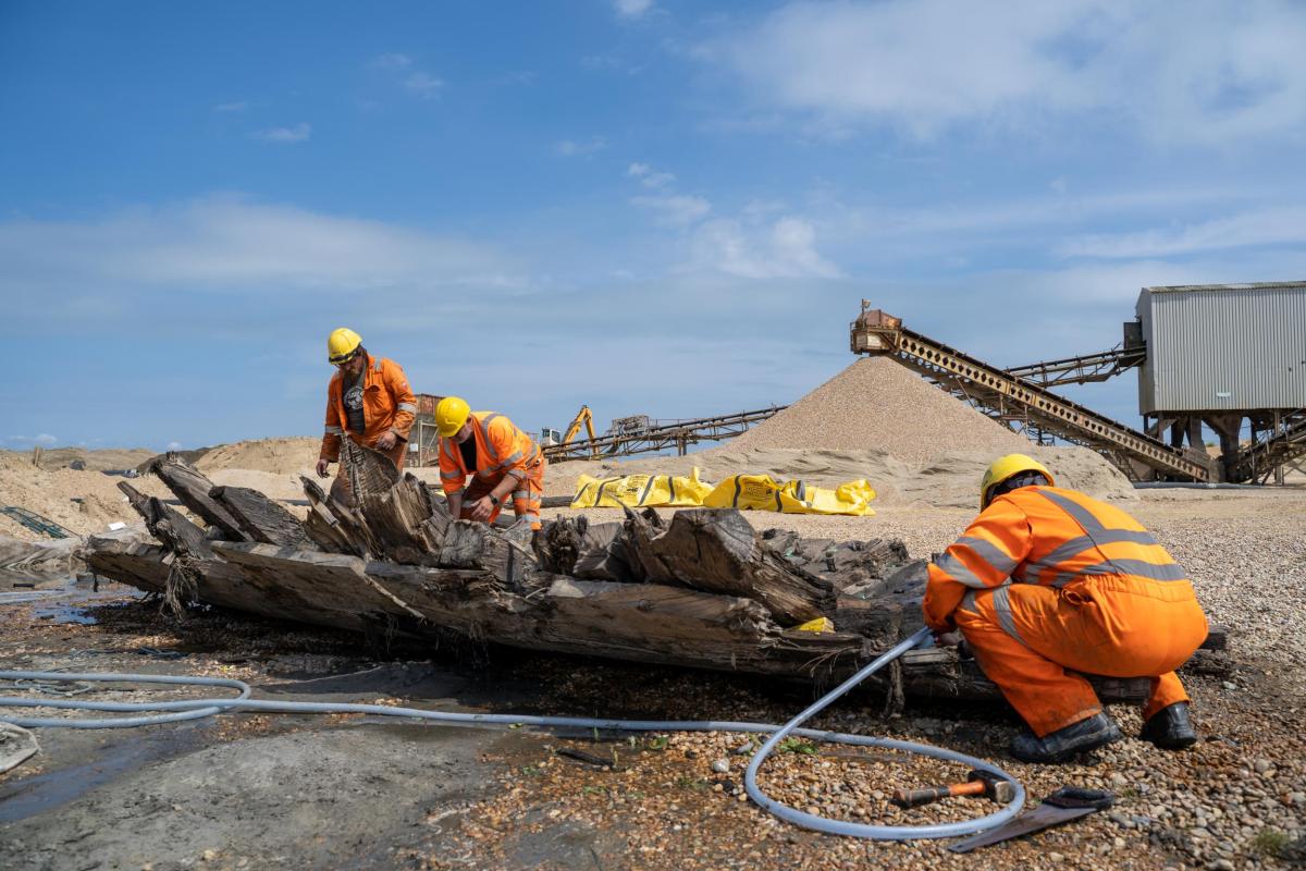 Researchers examining timbers from the shipwreck at the Cemex quarry site