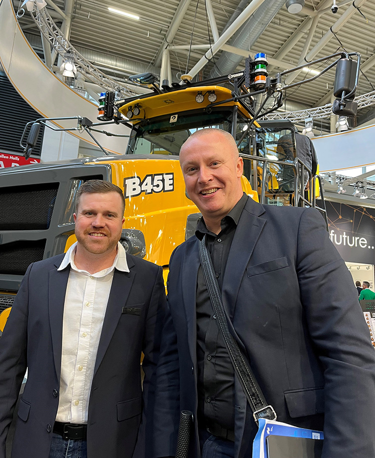 Bell Equipment territory manager Brad Castle (left) with Aggregates Business editor  Guy Woodford at bauma 2022