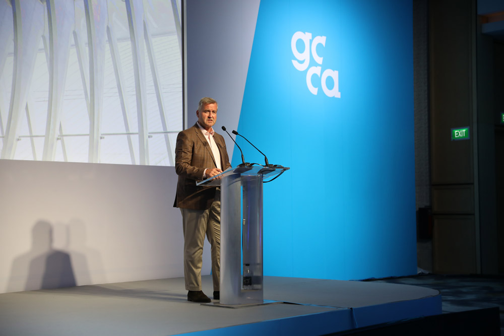 CRH chief executive Albert Manifold speaking at the Global Cement & Concrete Association (GCCA) 2019 annual conference in Singapore