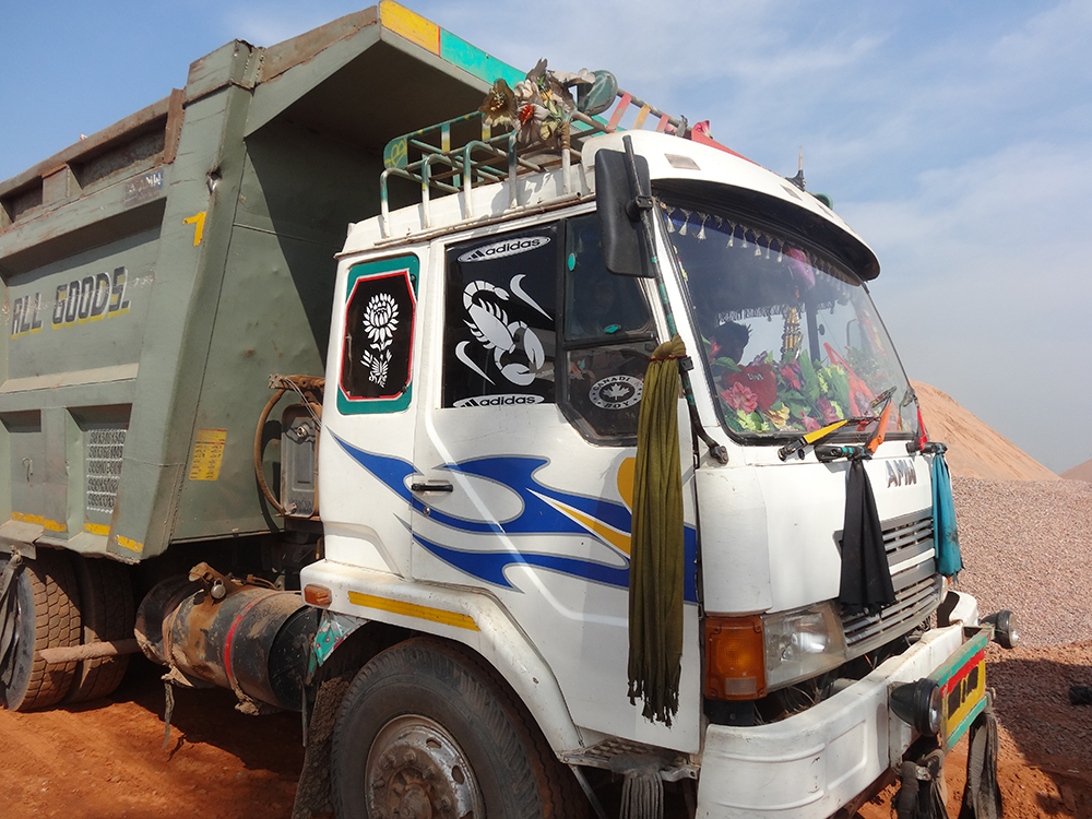 One of dozens of Gayatri Projects’ hauling trucks serving the company’s crushing and screening site in Nuh, a town in Haryana state, North West India