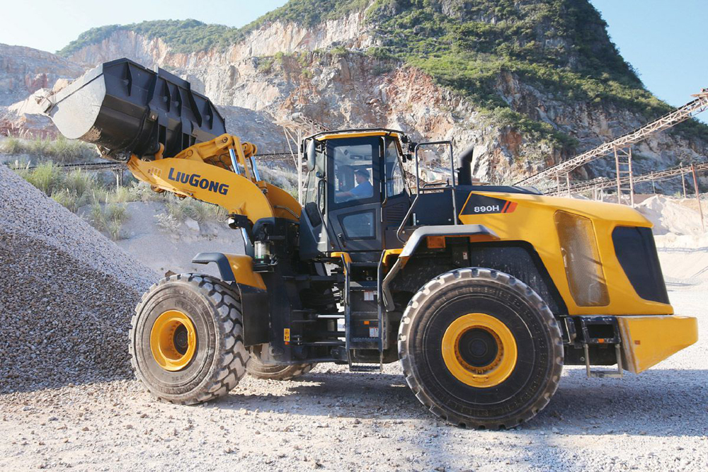 A LiuGong wheeled loader engaged in quarry stockpiling work