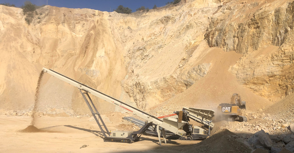 A Metso Outotec Nordtrack CT24 mobile stacking conveyor at work on a quarry customer site