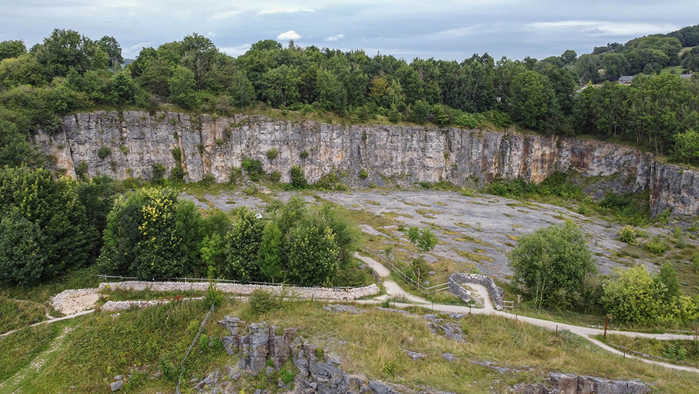 A former quarry rock face at the National Stone Centre in Wirksworth