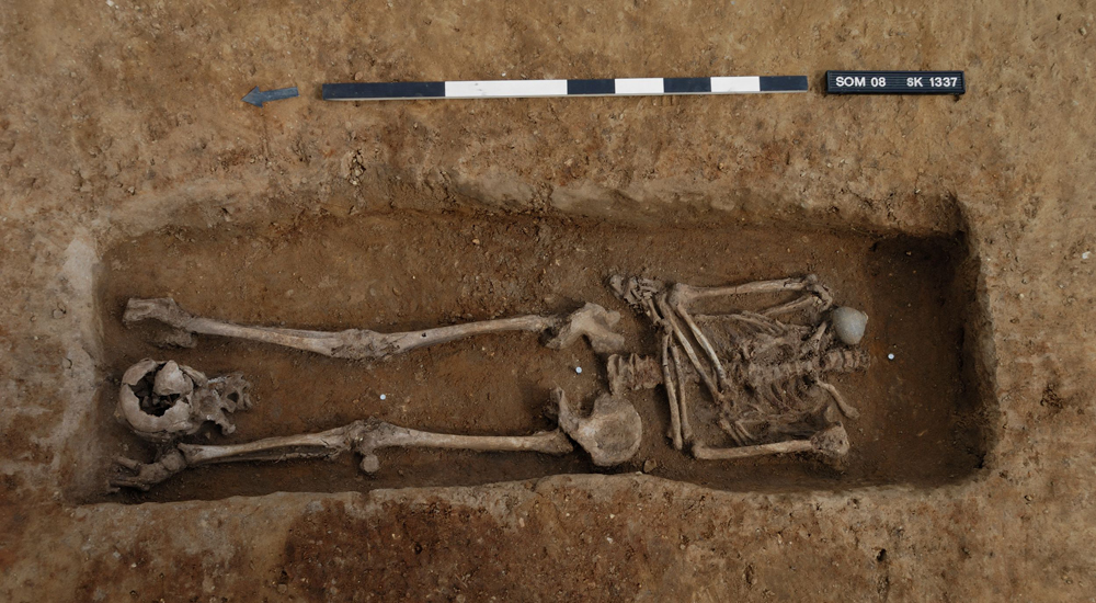 Some of the remains in an unearthed Roman burial site at a former Cambridgeshire quarry 