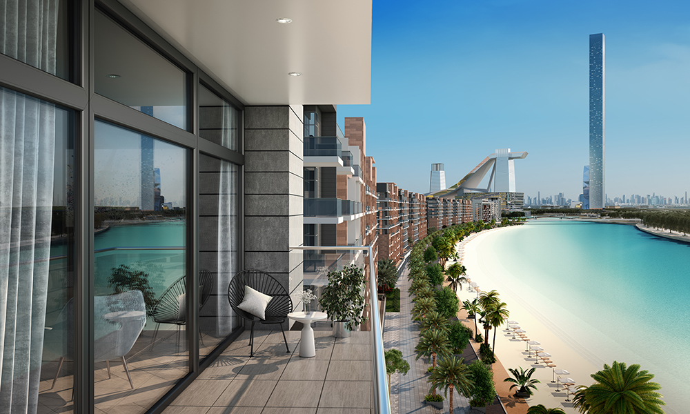 A balcony view of Riviera Lagoon from one of the buildings within Azizi Developments’ Riviera project in MBR City in Dubai