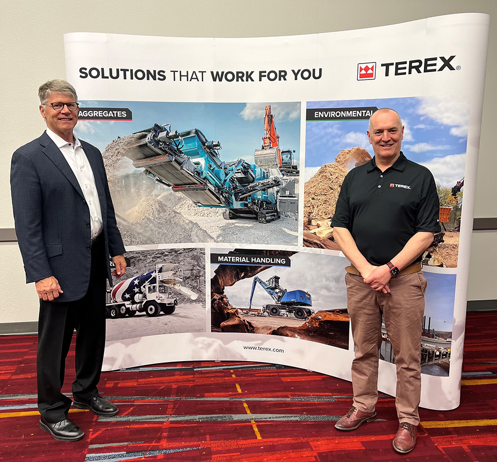 John Garrison, Terex president and CEO (left), and Kieran Hegarty, president of Terex’s Materials Processing business segment, at Terex’s CONEXPO/CON-AGG 2023 press conference