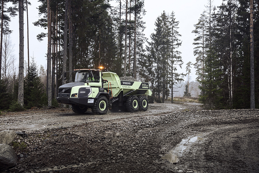 Volvo CE recently unveiled the prototype hydrogen-powered HX04 hauler